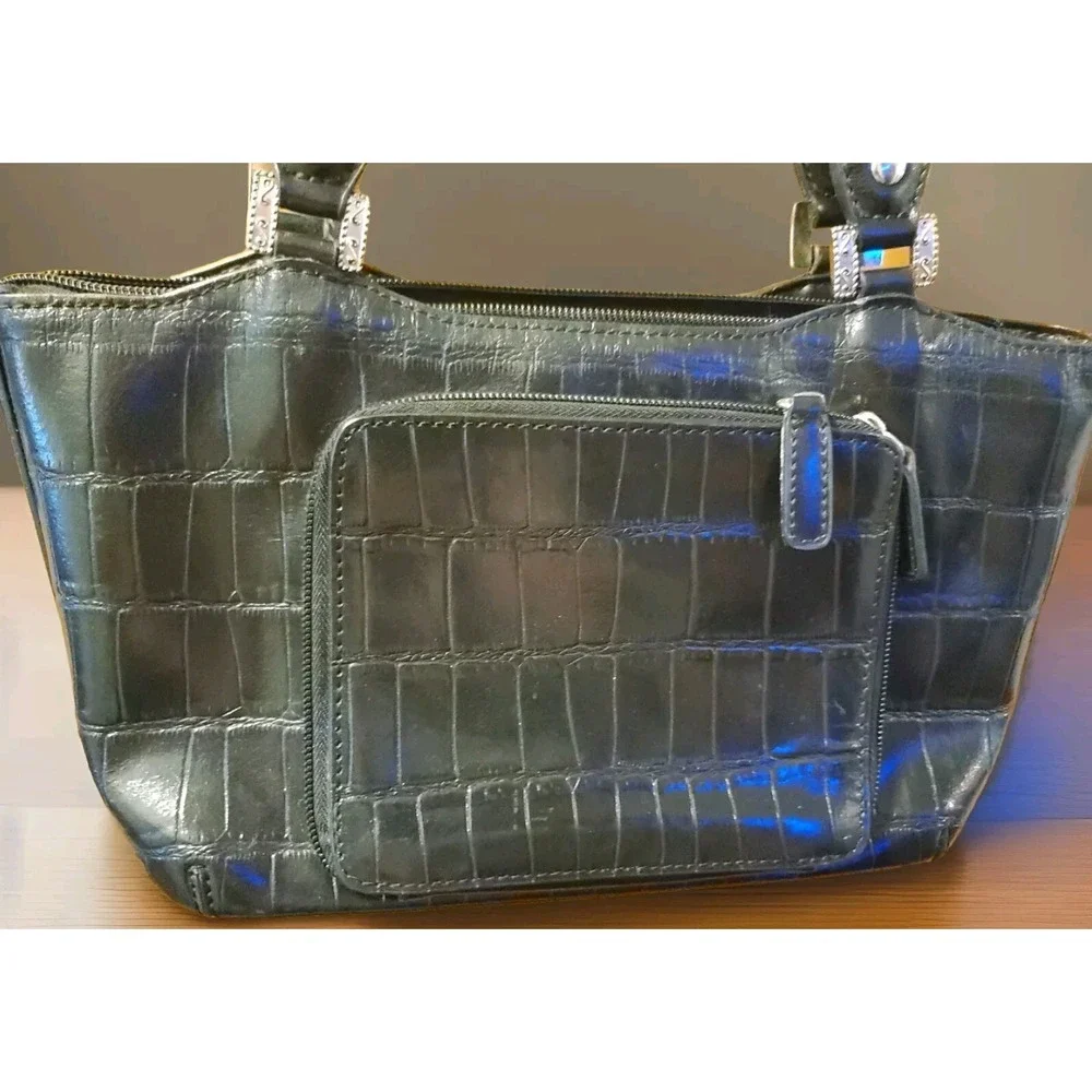 M.C. Marc Chantal‎ Black Embossed Croc LEATHER Satchel Bag Handbag Purse
